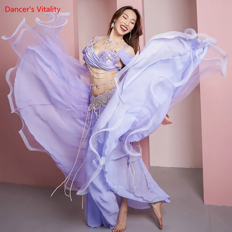 

Belly Dance Suit Diamond-Studdedn Bra Split Long Skir Performance Clothes Set Female Adult High-End Top Competition Clothing