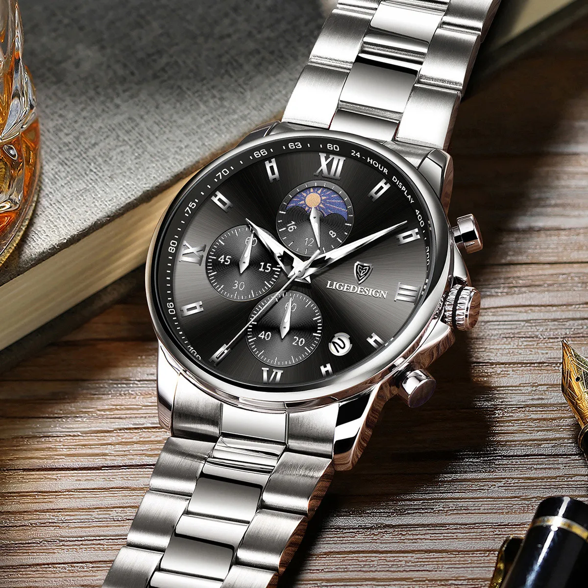 LIGE ساعة رجالية فاخرة موضة الأعمال القمر المرحلة كوارتز ساعات رجالية مقاوم للماء الفولاذ المقاوم للصدأ رجل ساعة كرونوغراف على مدار الساعة