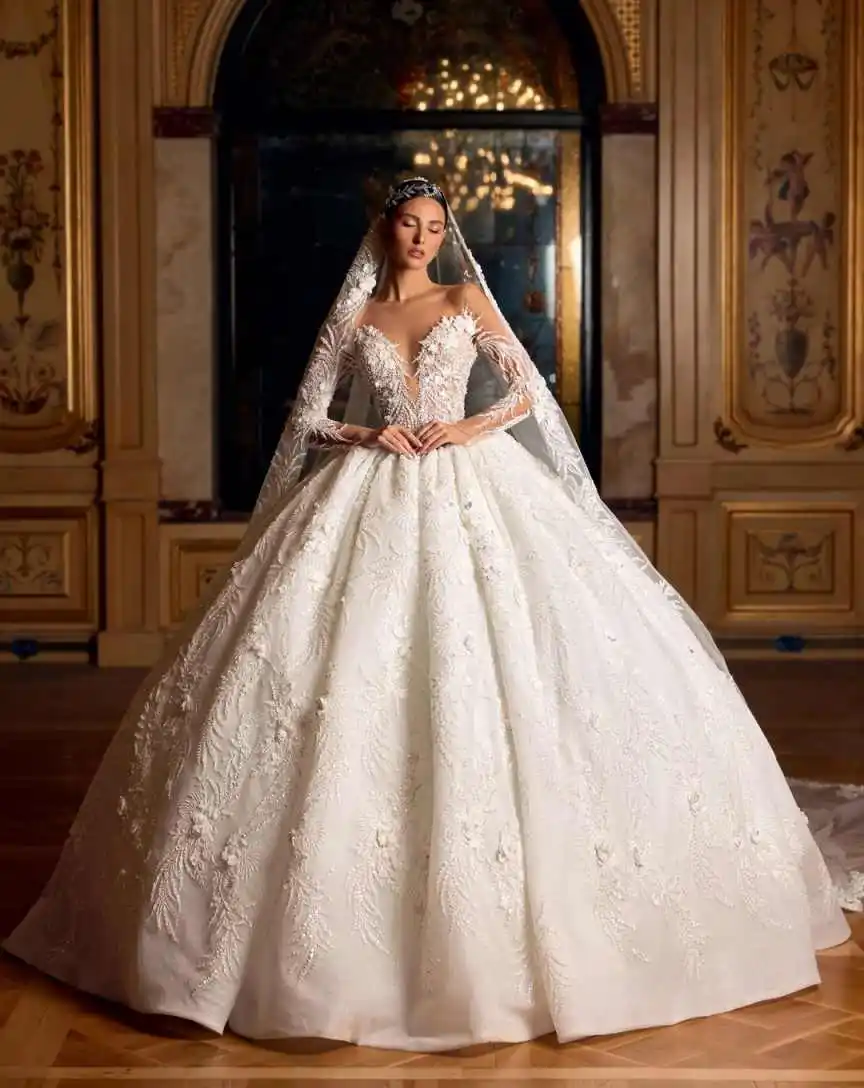 Romantic Bridal Gown All Over Sequins Off Shoulder Illusion Long Sleeve Tulle Ball Skirt Garden Wedding Outfit Customized