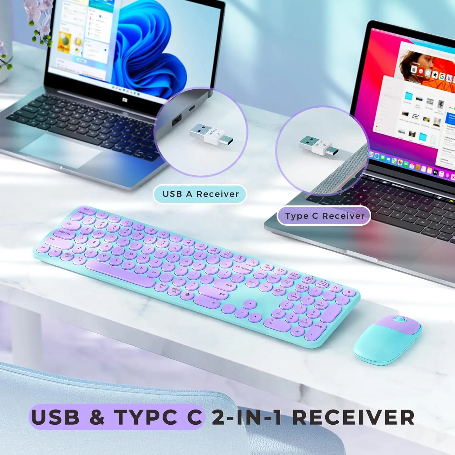 SEENDA USB & Type C Wireless Keyboard and Mouse Combo for Win 7/8/10 MacBook Pro Air Laptop PC Round Key Ergonomic Keyboards
