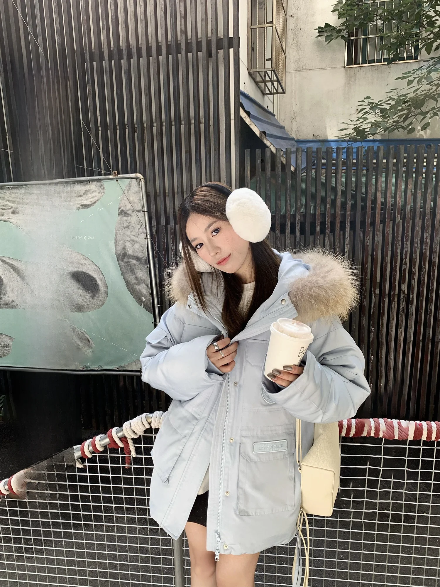 

Hhi Blue Workwear down Jaet Women's Loose Parka Sle Winter Coat with Large Fur Collar Casual Sle 90% down Fill