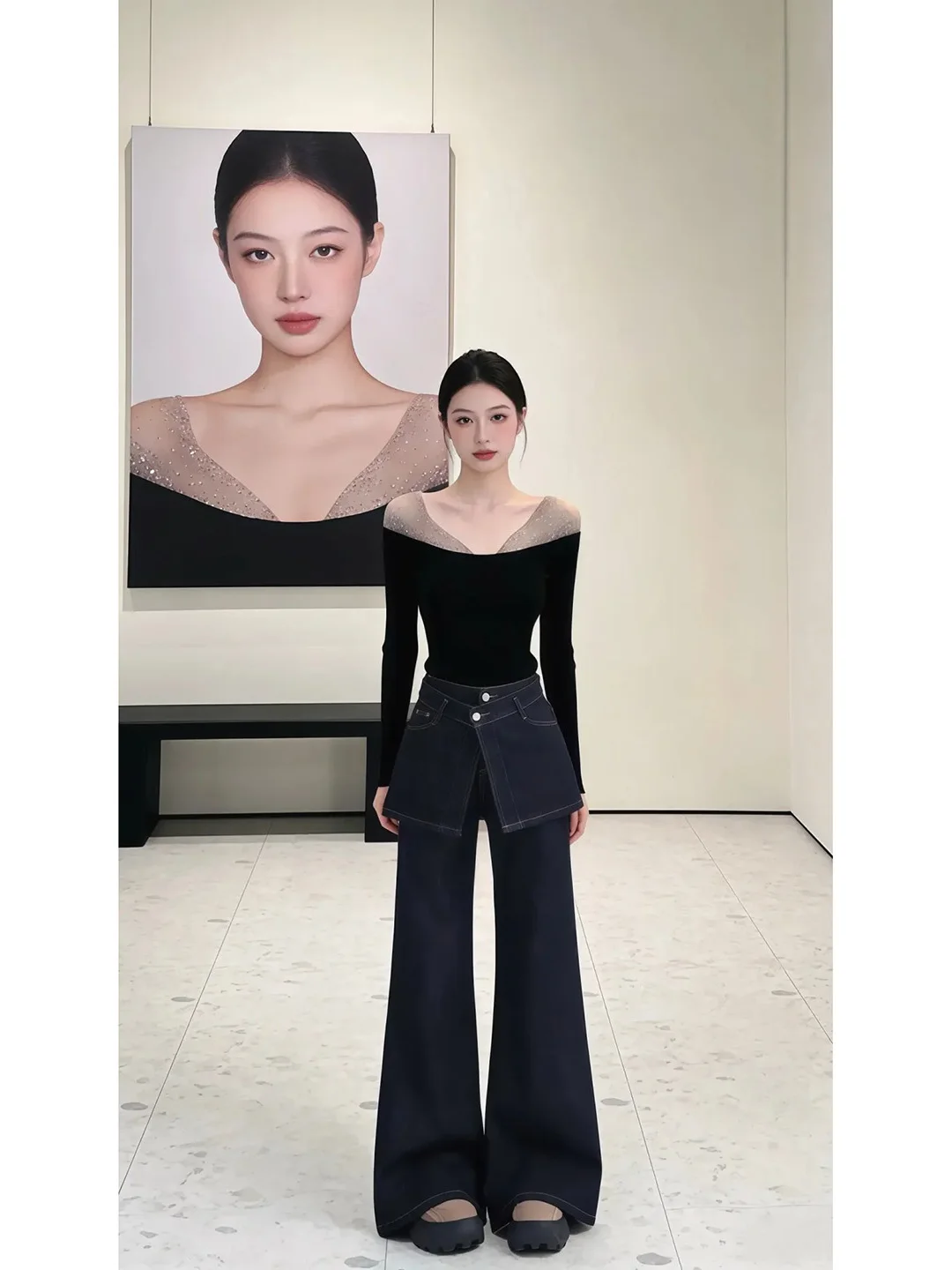 

American Heavyweight Rhinestone Mesh Splice V-neck Knitwear Women's Autumn Winter Waist-cinching Slimming Pure Desire Spicy Top