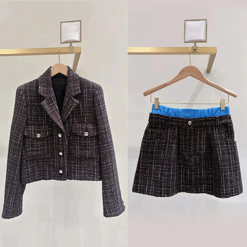 

Женский осенне-зимний клетчатый костюм, футболка на пуговицах, пальто, юбка, комплект, французский комплект, длина, длинный свек, узор Faion