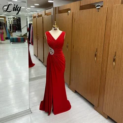 Lily Tank Red Prom Dresses Mermaid Sexy Evening Dress V-Neck Formal Dresses With Pleat Party Dress With Side Slit فستان سهرة