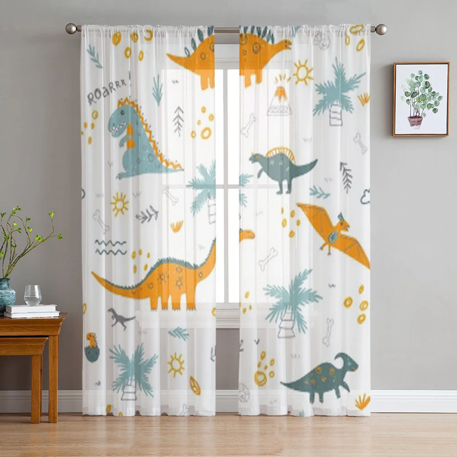 Colorful Dinosaurs Vulcan Palm Tree Shell Sheer Curtains for Living Room Tulle Window Curtain Bedroom Kitchen Veil Drapes