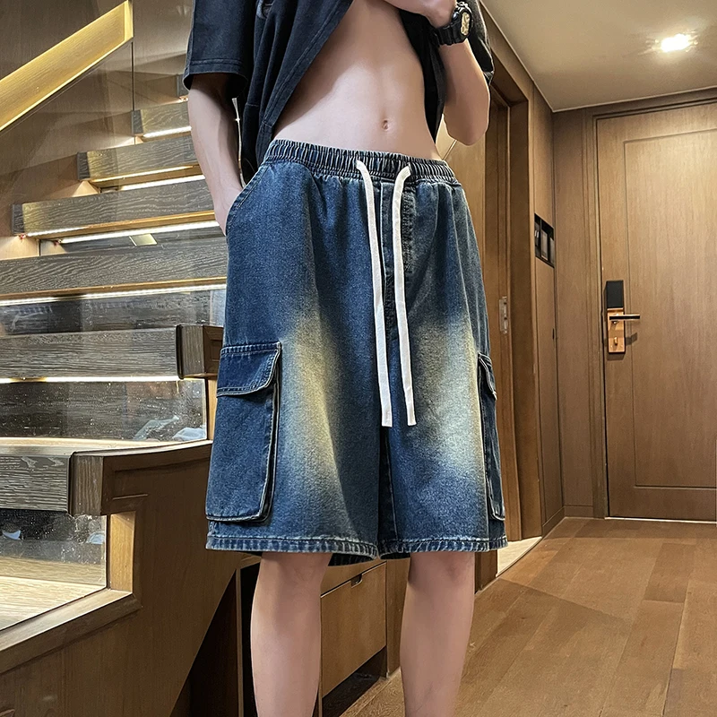 メンズルーズストレートデニムショーツ,新しいスタイル,仕事,ベーシック,多用途,マルチカラー,エラスティック,ウォッシュド,ミドル丈,夏