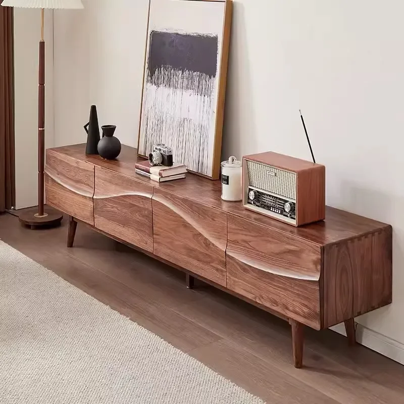 For Black Walnut TV Cabinet Overall Pure Solid Wood Living Room Storage Locker Background Wall Floor Audio Visual Cabinet