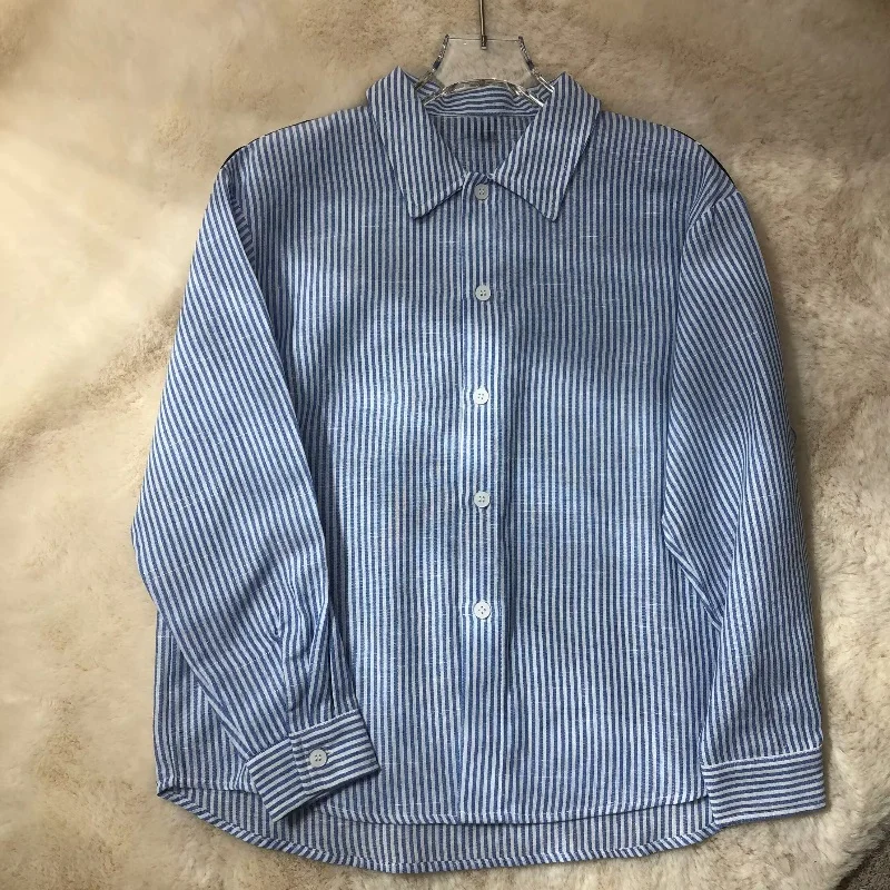 E-BAIHUI Blue Striped Girl Shirts Contrasting Vertical Striped Long Sleeved Girl's Top Lapel Single Breasted Children's Clothing