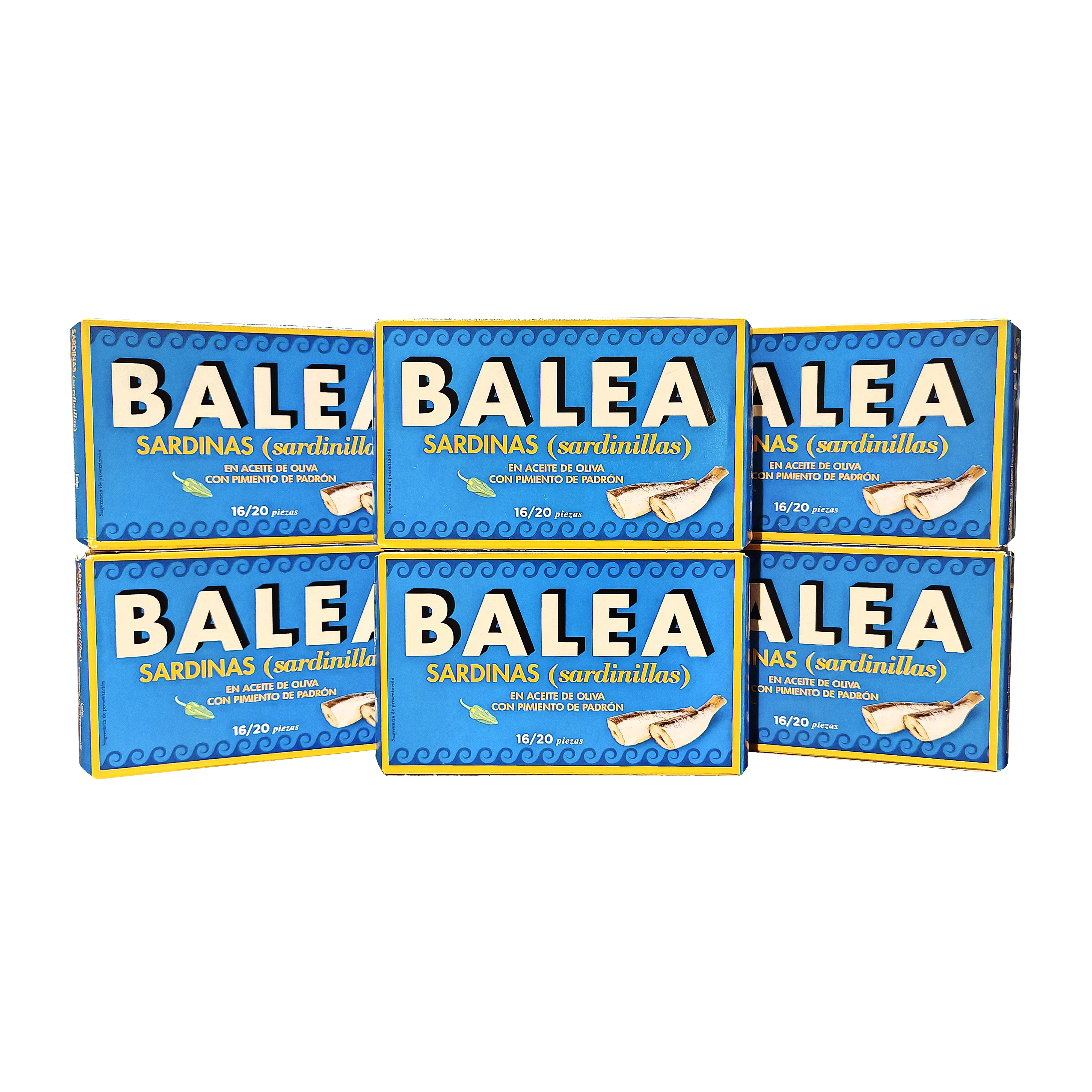 Sardinillas en aceite de oliva con pimiento del padrón de Balea. 16/20 piezas. Pack de 6 unidades