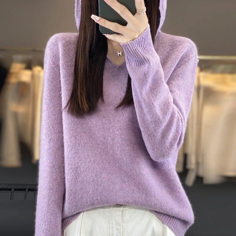 Fall/Winter 2024 New Women\'s Hooded Sweater 100% wool V-neck loose fashion cashmere bottoming pullover