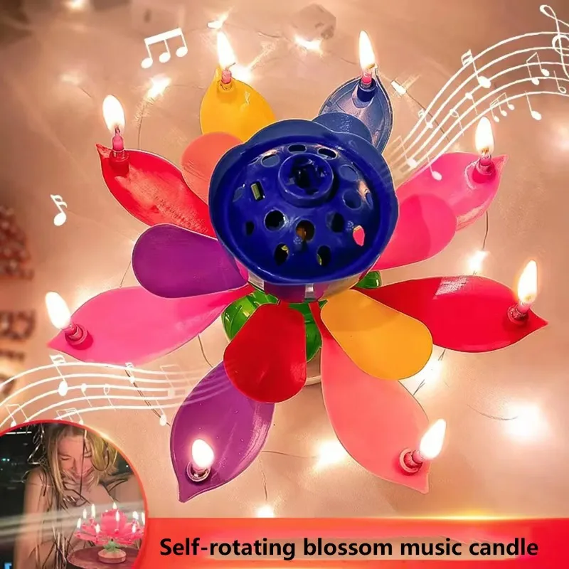 Music Candle Double Flower Blossoms Birthday Cake Flat Rotating Electronic Decorative Accessories Happy Birthday Supplies