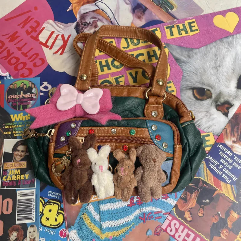 Y2k torba na zakupy kokarda króliczek torba studencka Retro Vintage Kawaii torebka z PU zamek urocza pikantna dziewczyna subkultura torba Crossbody