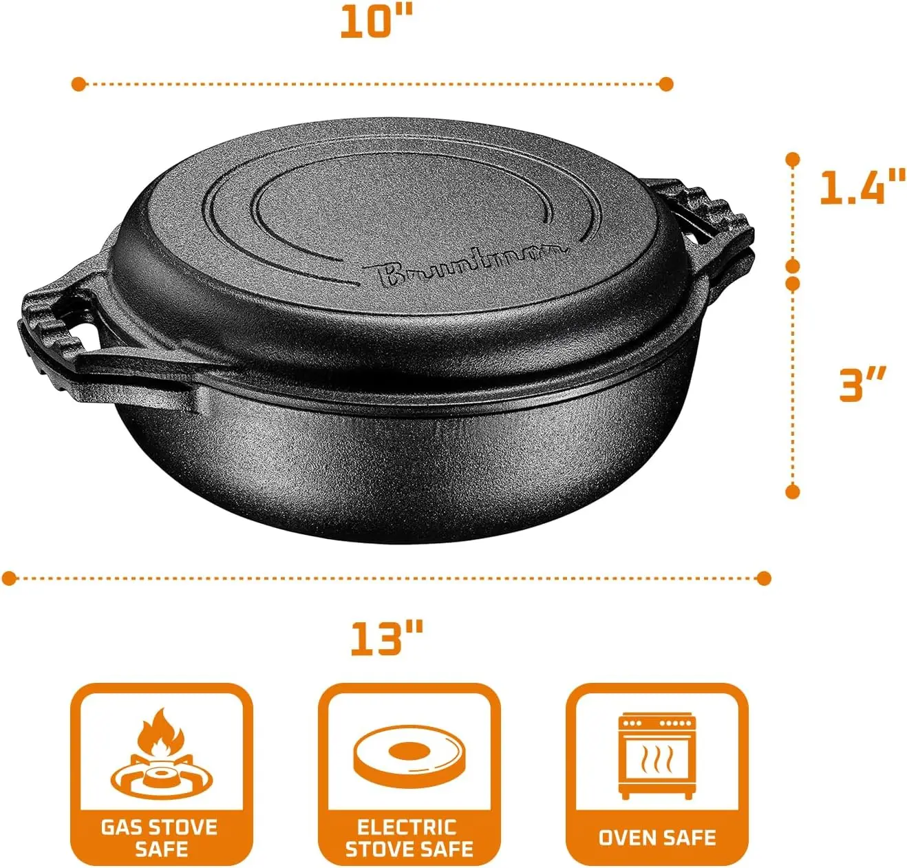 2-in-1 Pre-Seasoned Cast Iron Dutch Oven, 3.3 Qt, Oven-Safe Gumbo Pot with Grill Lid, Dual Handles, Black