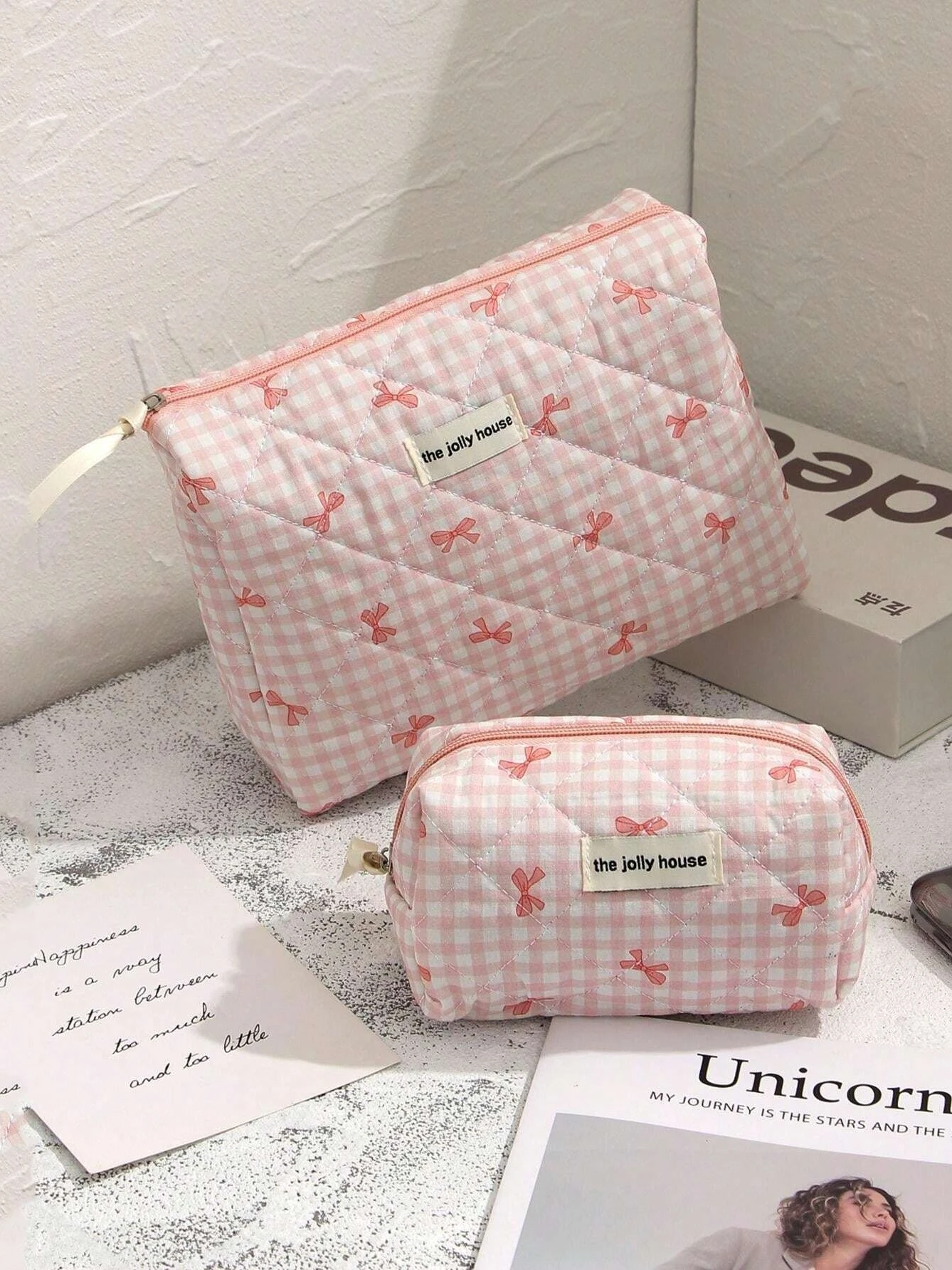 1set Cute Bowknot Cosmetic Bag Organizer Multifunctional Wallet Pouch Portable Brush Storage Clutch Travel Makeup Skincare Bag