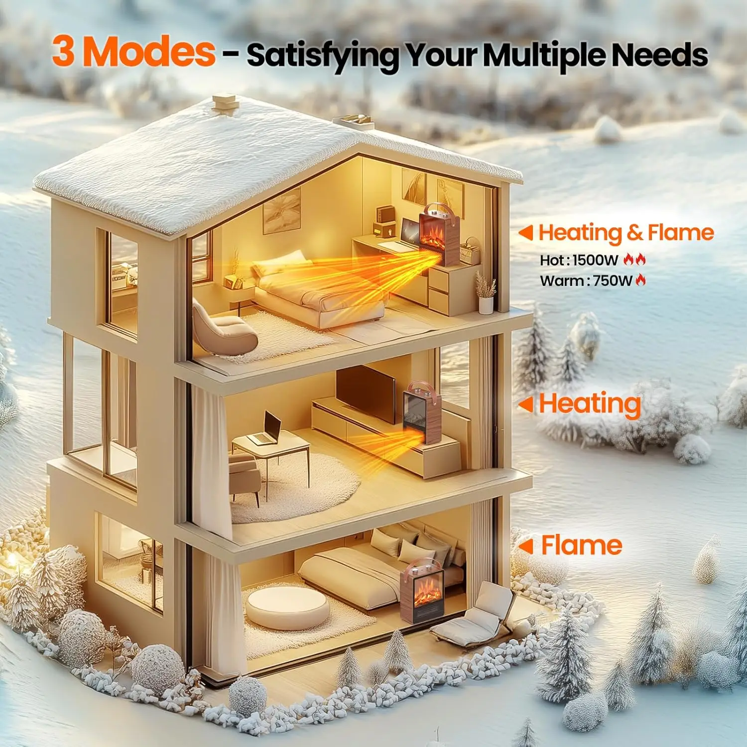 Electric Fireplace Heater 1500W, 3D LED Flame, Portable Space Heater with Dual Safety Protection for Home Office Christmas Decor