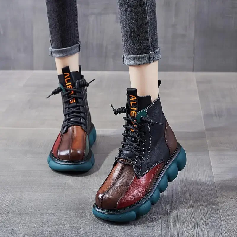 Mixed Color Shoes Women Boot Fashion Round Toe Lace Up Retro Handmade Casual Platform Ankle Boots Ladies Short Boots