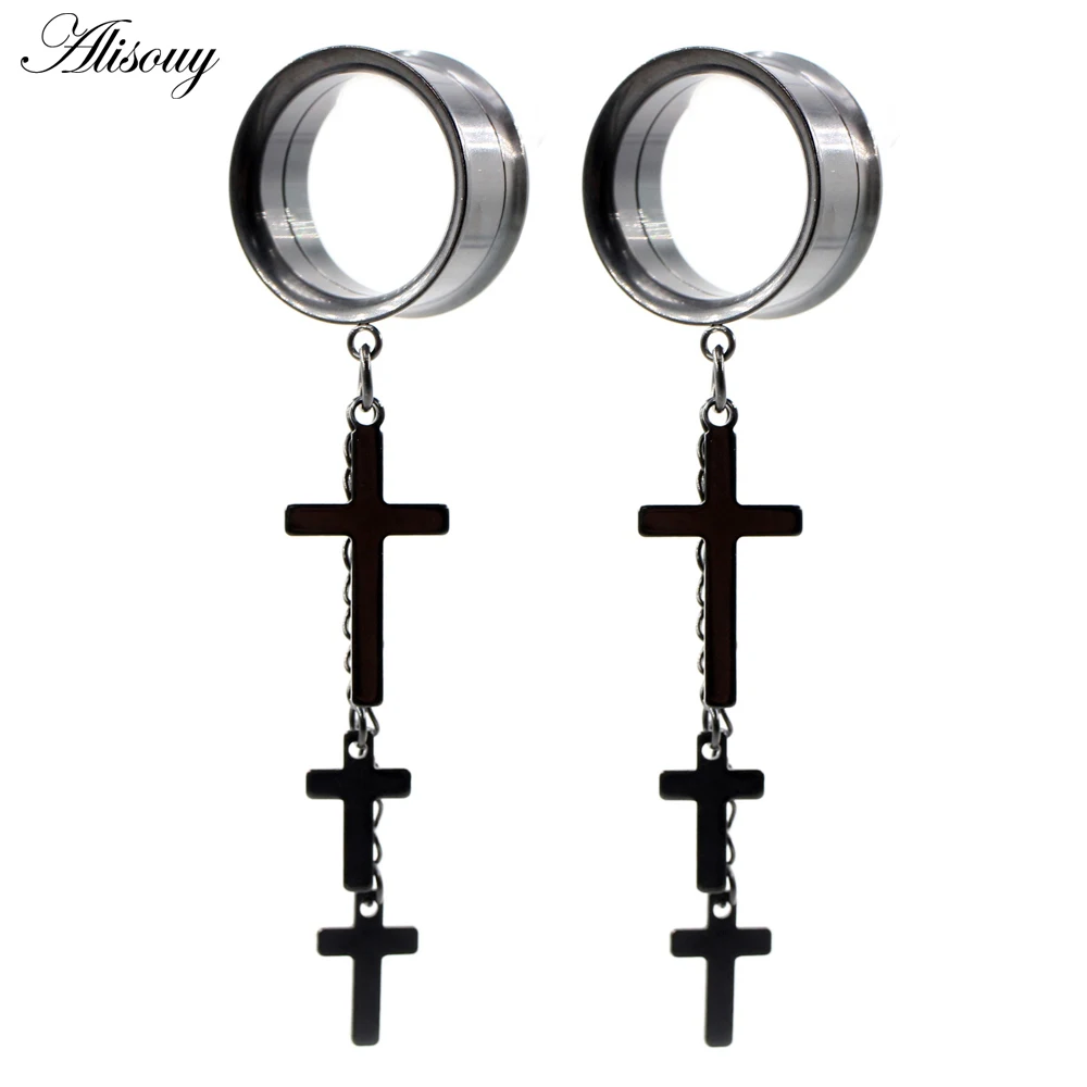 Alisouy 1pc Stainless Steel Cross Chain Dangle Thread Flared Ear Plug Tunnel Expander Stretcher Gauges Piercing Body Jewelry