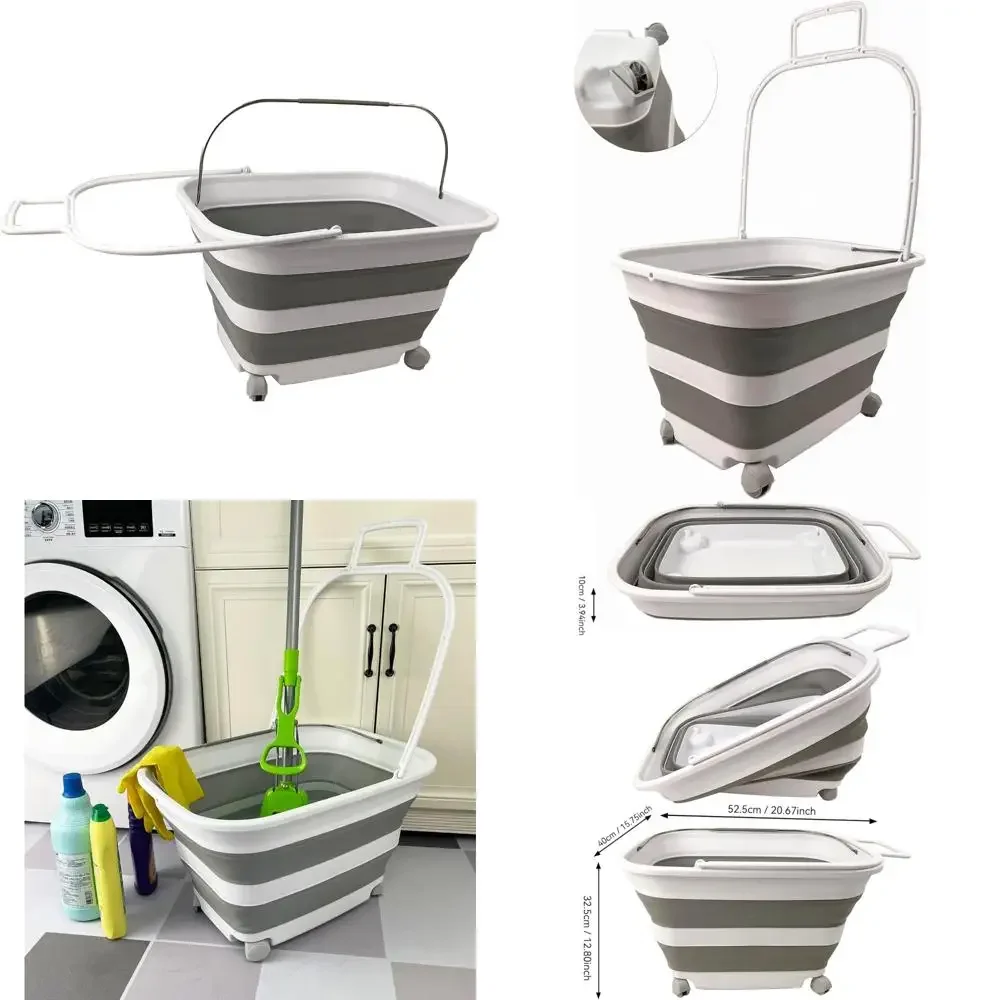 سلة غسيل بلاستيكية قابلة للطي سعة 35 لترًا بمقبض وعجلات - تخزين قابل للطي للغسيل
