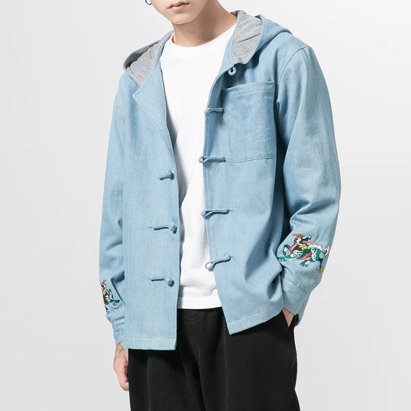 

Ele Embroidered Hooded Jaet for Men Spring Autumn Large Size Buttoned Denim Jaet Chinese Sle Loose Fit Outerwear