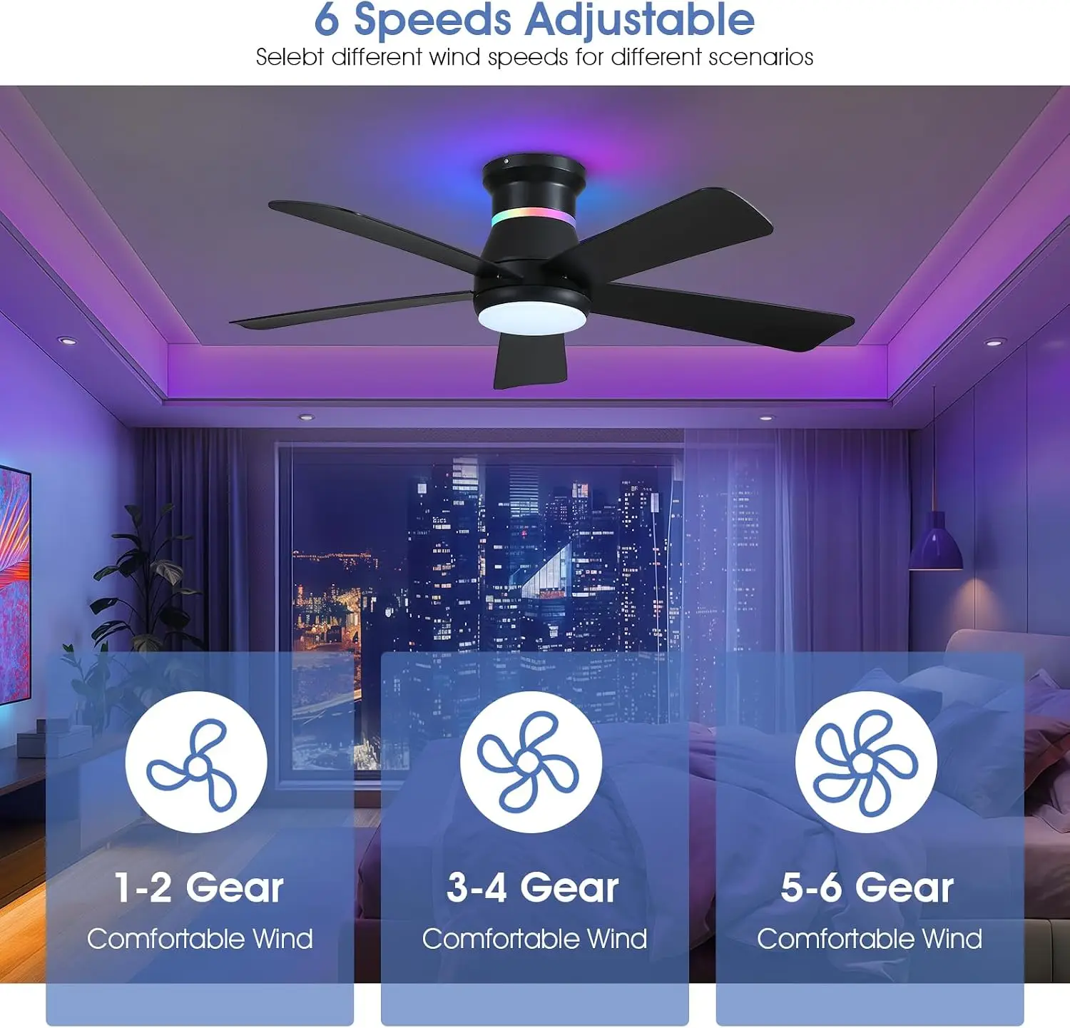 46" Black Ceiling Fan with RGB Lights - Flush Mount, Dimmable LED, Low Profile for Indoor & Covered Outdoor view 5