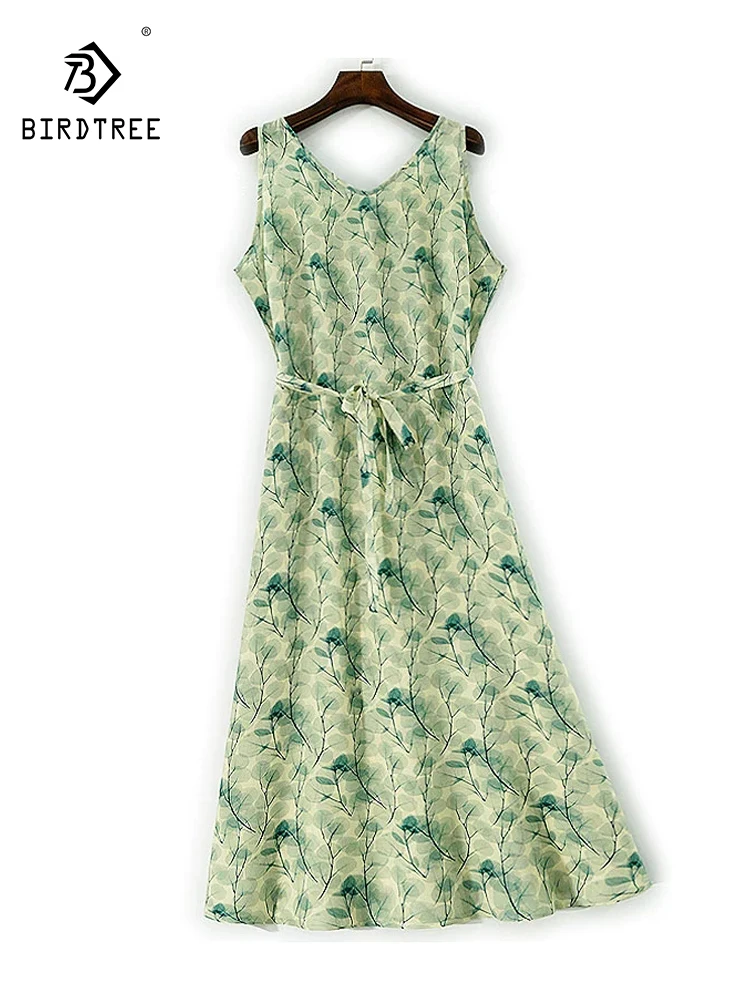 

Элегантное платье-жилет BirdTree из шелка, V-образный вырез на шнуровке с принтом листьев, женское простое темпераментное вечернее платье, весна 2026 D5D490CC