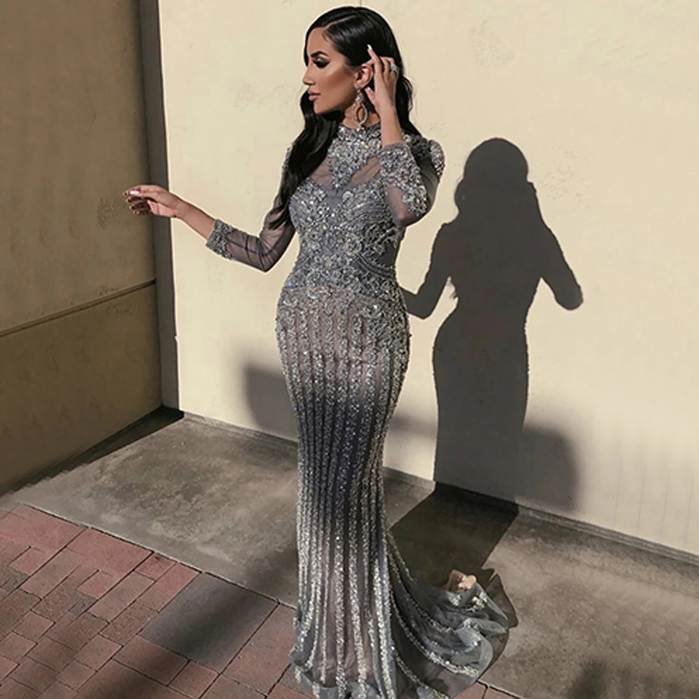 Women Gray Illusion Evening Dress 2024 Arabic Elegant Sequined Luxury Dubai Beaded Formal Party Crystal Prom Gown Robe De Soiree