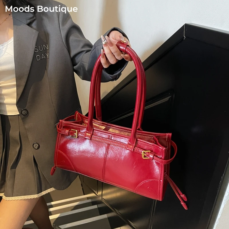 

MOODS Belt Buckle Design Shoulder Bags For Women 2024 New Luxury Designer Pureses And Handbags Pure Color Large Capacity Shopper