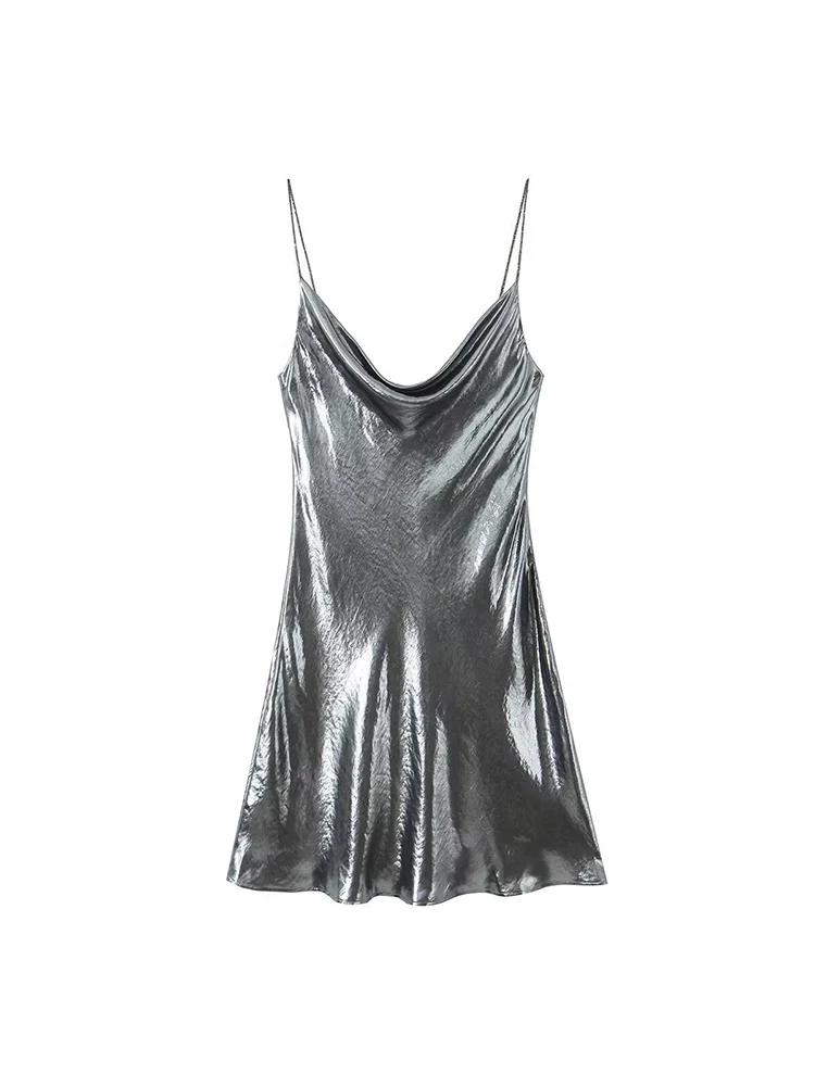 Women's Metallic Colour Glitter Dress Sexy Backless Sleeveless Spaghetti Strap Dresses Party Bar Sleeveless Short Dresses