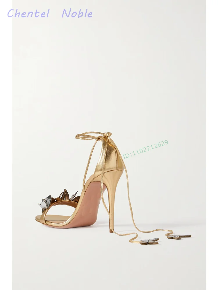 Gold Butterfly Decoration Sandals Ankle Strap Buckle Peep Toe Thin High Heels Stiletto Party Wear Dress Women Shoes 2024 New