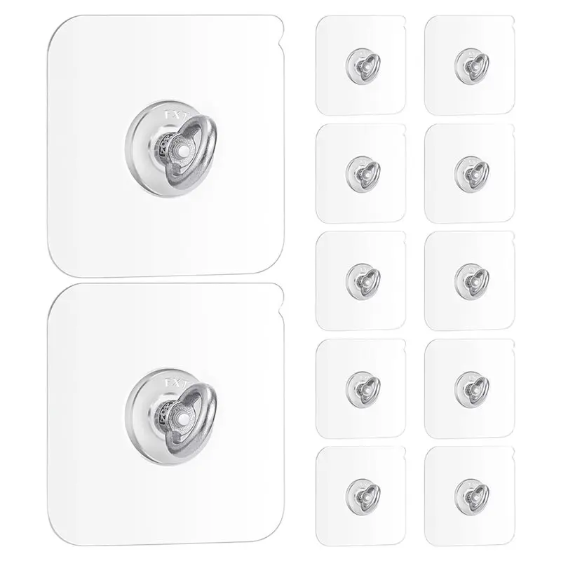 ABRU-12Pcs No Drill Transparent Self-Adhesive Hooks Heavy Duty Stainless Steel Sticky Wall Hangers For Home Decor