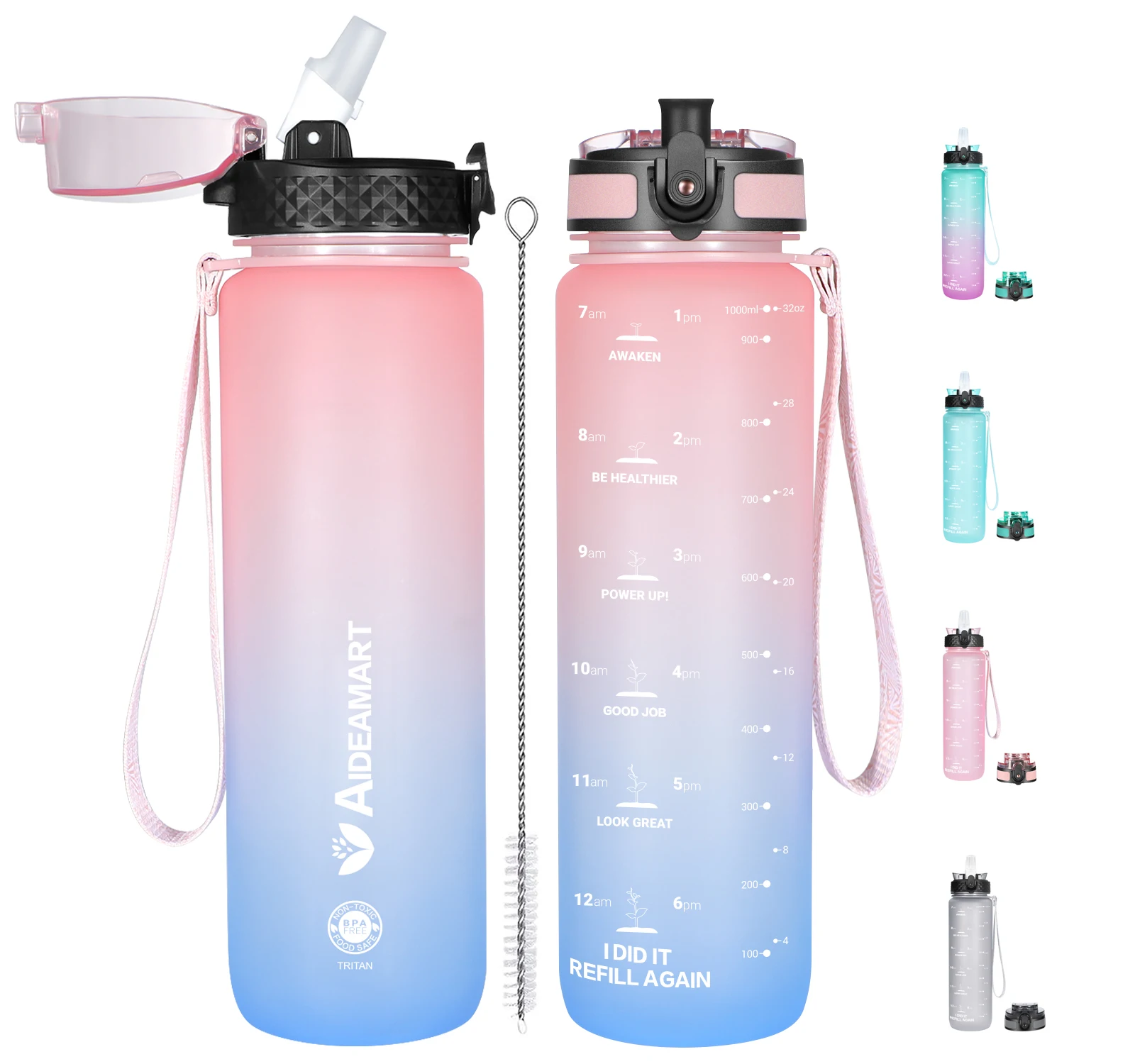 

1L Big Water Bottle with Time Marker, BPA Free Tritan Plastic, 32oz For Hydrate,Fast Flow &Straw Lid, Best Choice for Cycling,