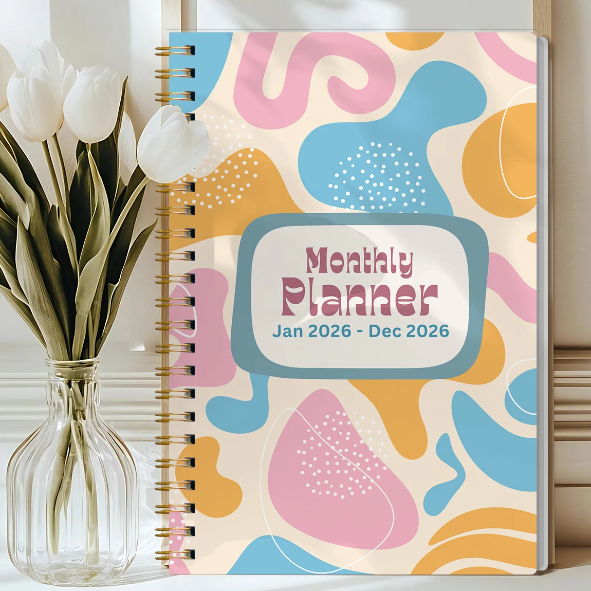 

2026 Monthly Planner Spiral Notebook Jan–Dec Colorful Abstract Cover Monthly Calendar with Stickers