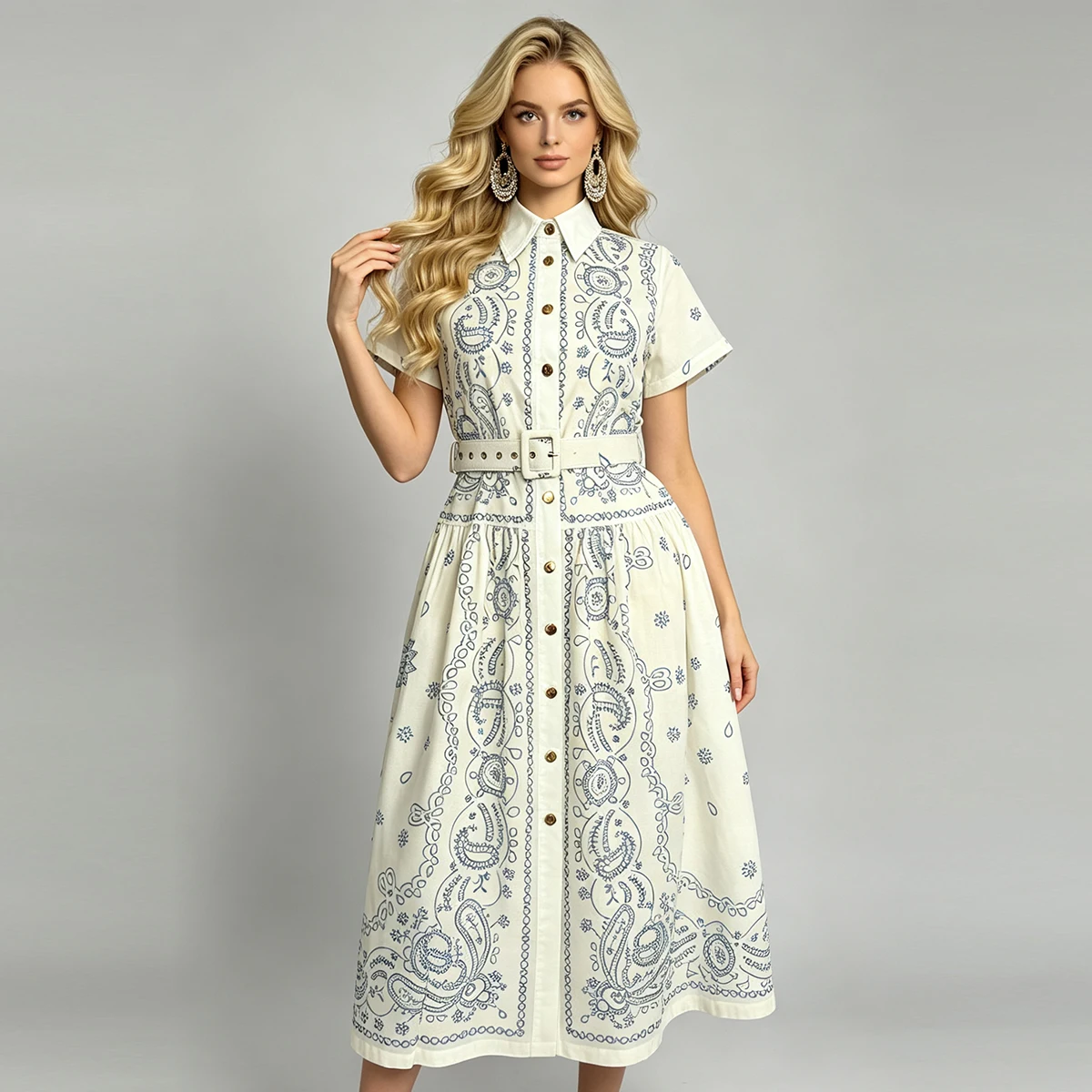 Summer Print Shirt Collar Short Sleeve Slim Fit High Waist Cotton Linen Simple Long A-Line Dress Elegant Sweet Style Evening ...
