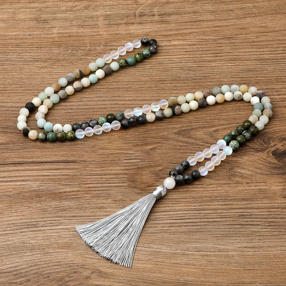 

OAIITE 108 Beads Japamala Necklace Frosted Amazonite Semi Precious Stone Necklace Buddhist Yoga Meditation Rosary Tassels Choker