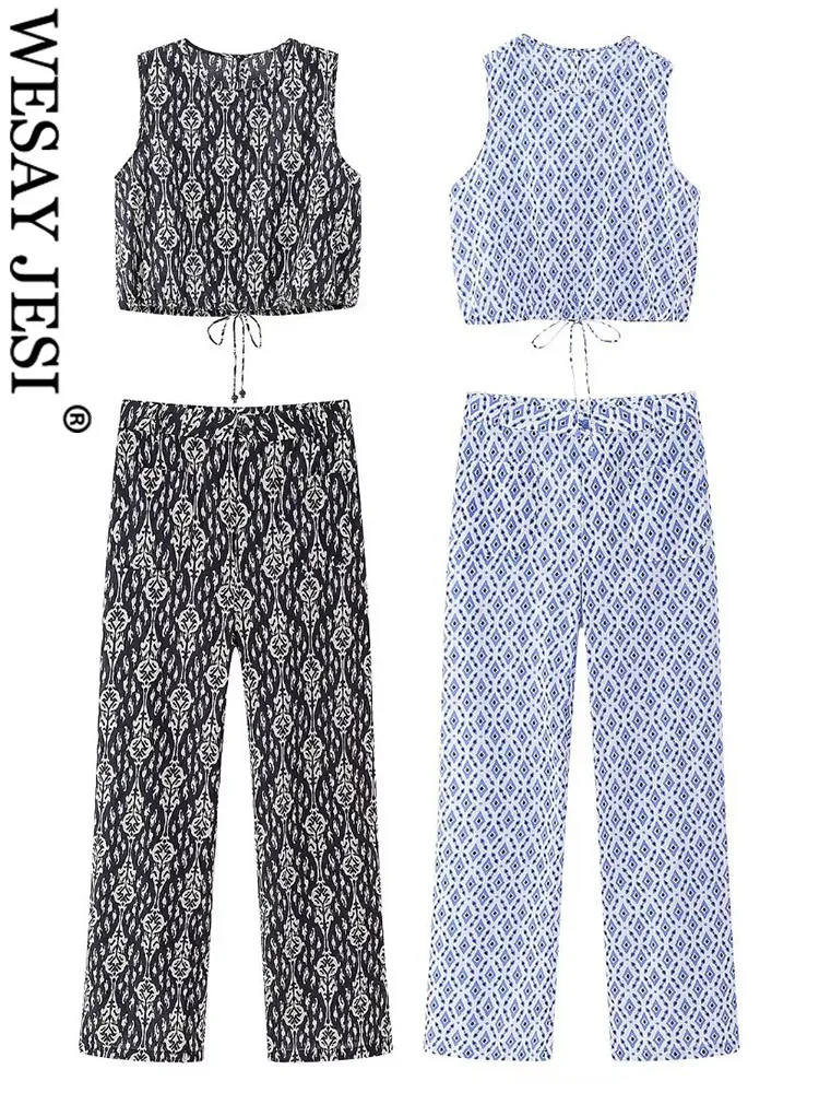 

WESAY JESI TRAF Lightweight Bohemia Printed Casual Women Pants Suits Bow Tied Sleeveless Tanks Female Chic Crop Top 2 Piece Sets