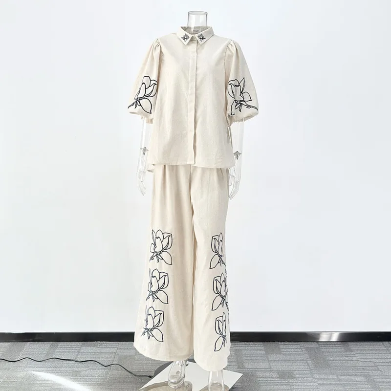 EAEOVNI الأزهار التطريز المرأة موضة 2 قطعة مجموعة قصيرة الأكمام بلوزة + بنطال واسع الساق عادية 2025 ملابس جديدة 1A495 #5