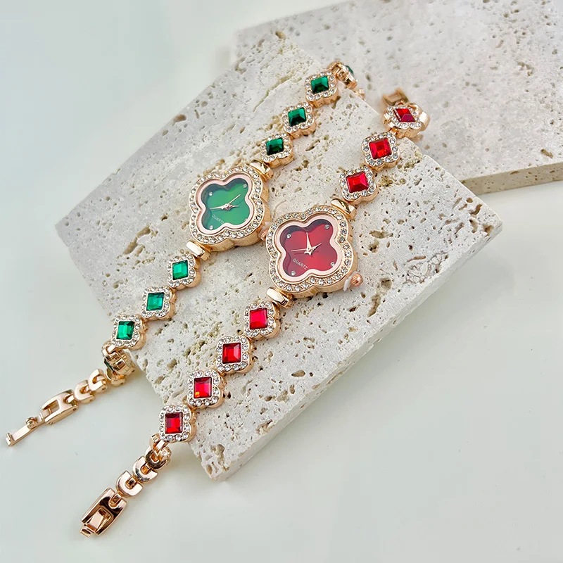 Ladies Classic Fashion Quartz Watch Four-leaf Clover Embedded Diamond Colorful Rhinestone Elegant Alloy Bracelet