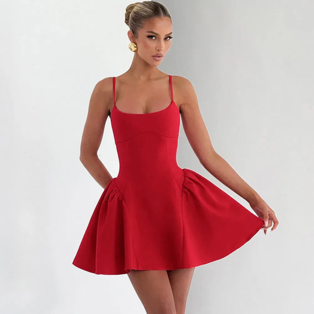 Blifanbo cinta de espaguete sem costas a linha sexy mini vestido feminino ruched cintura alta sem mangas sólido clube vestido de festa elegante