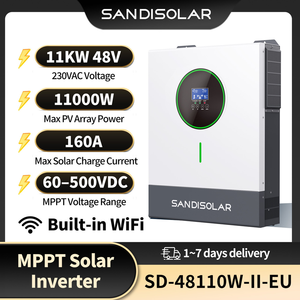 SANDISOLAR 11KW Off Grid Solar Inverter 48V Hybrid Solar Inverter Max PV Input 11000W Dual PV Input 160A MPPT Charger Pure Sine Wave 230V Built in WiFi RS485 Lithium Battery Activation Off Grid Solar Power Inverter For Home Energy Storage EU Warehouse