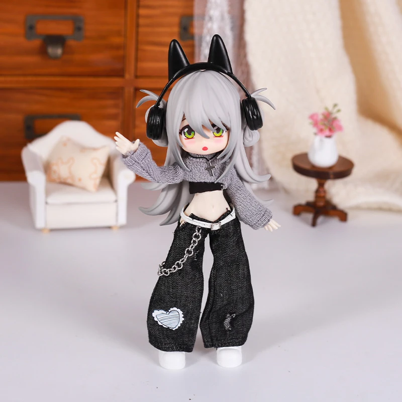 Bjd Doll Clothes Street Fashion Temperament Jeans Vest Sweater Set With Cross Necklace Baby Doll Toys for Girls Accessories - view 2