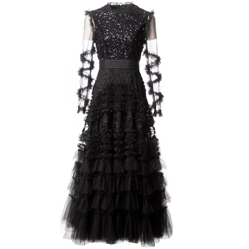 

Meyyithun Women's Dress Eshin Luxury Black Gothic Tulle Evening Dress Long Sleeve Sequined Mesh Top Tiered Ruffle A-Line Gown