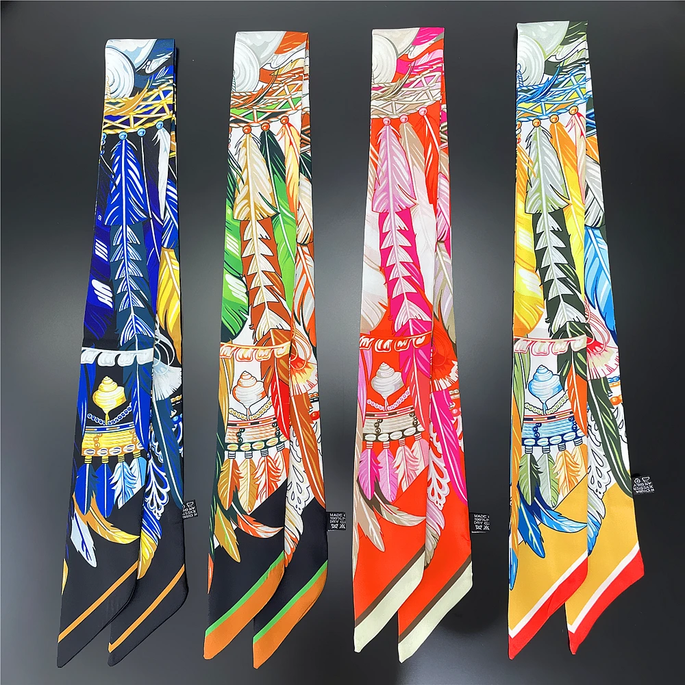 Brand Indian Feather Bag Scarf 2024 New Design Women Luxury 100% Silk Scarf Fashion Headband Skinny Hair Scarves Neckerchief