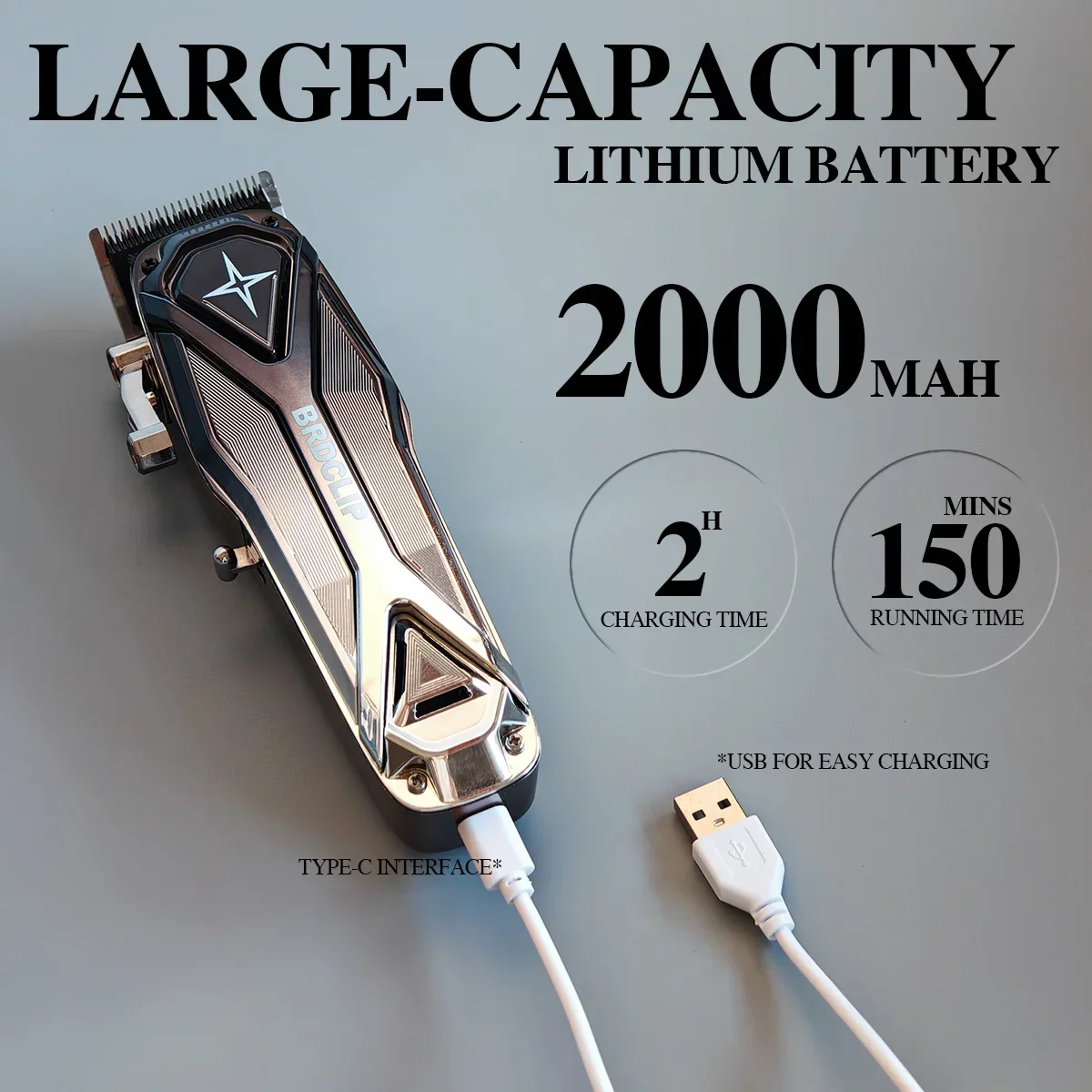 Máquina de cortar cabelo de barbeiro profissional BRDCLIP 803 5 ajuste de velocidade 506T 7000RPM Máquina de corte de cabelo elétrica Bateria grande