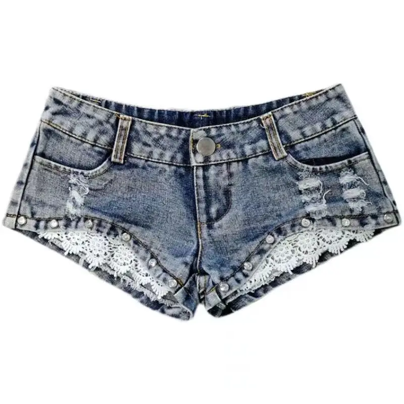 

Slim and Elastic Tight Denim Shorts Hot Girl Lace Spliced bright Diamond Super Low Waist