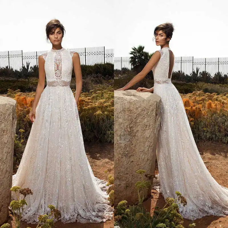 

Charming Lace Applique Cutout A-Line Wedding Dress High Neck Sleeveless Sweep Train Bridal Gown Vestido De Novia Customized