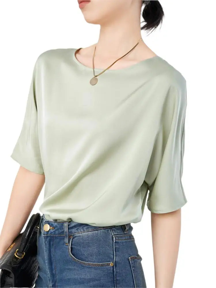 

Plus Size Pullover Chiffon T-shirt Tees Korean Summer Women Elegant Luxury Sailboat Collar Acetate Satin Tops Office Lady Shirt