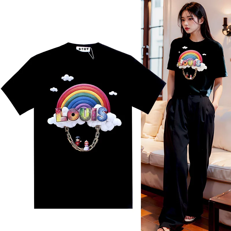 

Chun yu yin jia Fashion High Street Designer classic Louis Letters Pattern Printing Short-Sleeved Black T-Shirt for women tee