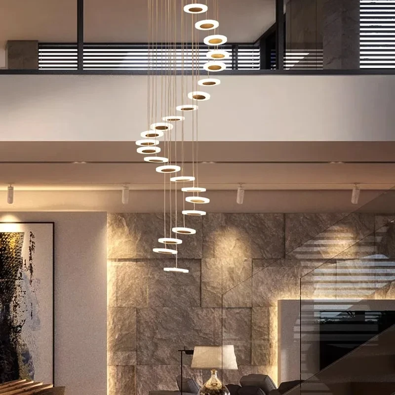 

Luxury Staircase Crystal LED Chandelier For Living Room Lobby Large Modern Ring Cristal Hanging Lighting Chrome Long Indoor Lamp
