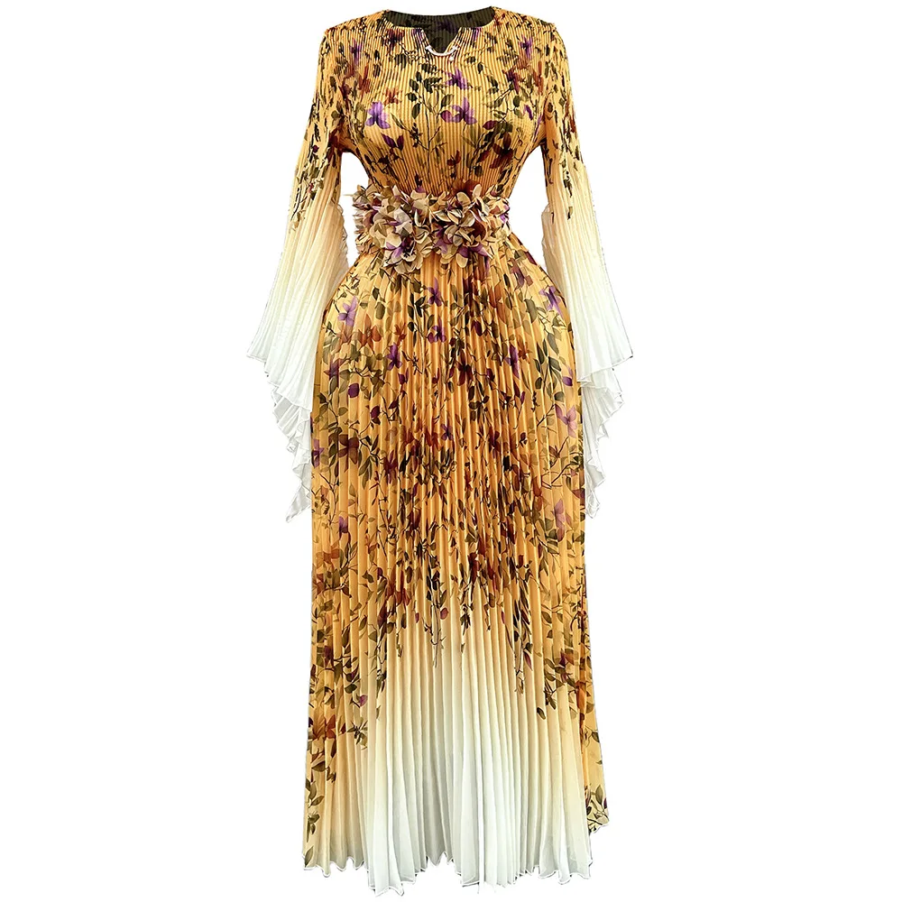 

rican Tee-Piece Design Folded Waist Flared Sve Printed Dr Floral Decoration 2025 Autumn Season Women's Faion