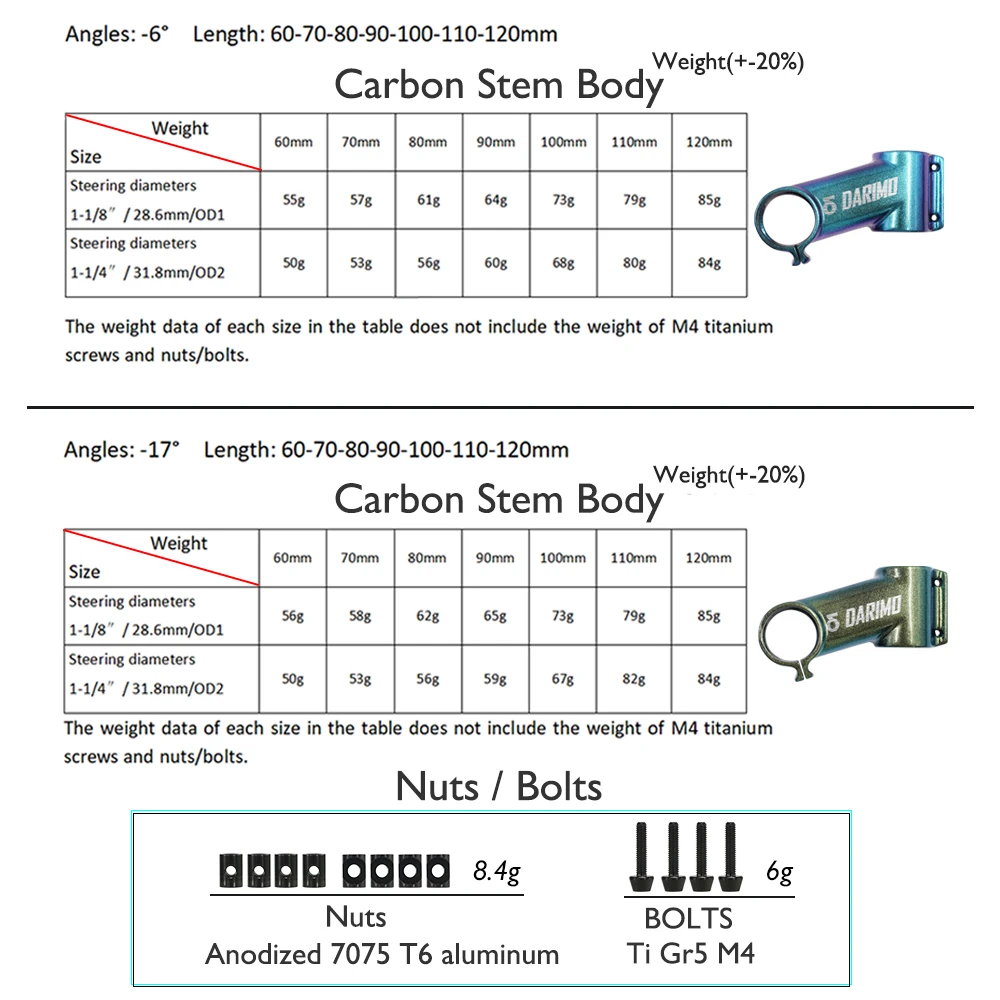 DARIMO IX2 جذع كربون كامل، جذع الطريق/MTB، خفيف للغاية، الحرباء، لامع، 31.8 مم،-6 ° /-17 ° ، 60 مم - 120 مم، ملحقات الدراجة #4